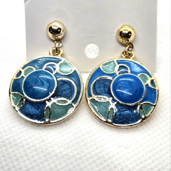Elegant Blue and Gold Enamel  Earrings vintage style - Picture 9 of 14